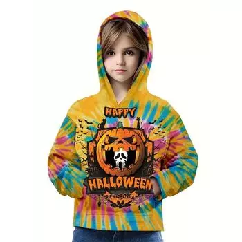 Счастливого Хэллоуина Тыква и Череп 3D Принт Детская Толстовка С Капюшоном Полиэстер Длинный Рукав Пуловер Весна Осень Круглый Вырез Толстовка 100