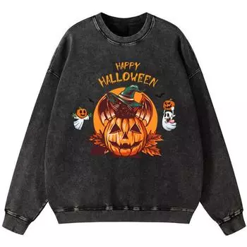 Счастливого Хэллоуина Женский Винтажный Хлопковый Свитшот Уличный Оверсайз Тонкий стиль Толстовки Хип-хоп S