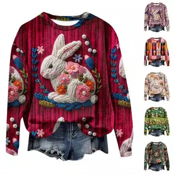 Счастливой Пасхи Повседневные толстовки с капюшоном Кролики Цветочный принт Эстетичный графический худи Осенние длинные рукава Модные большие толстовки Femme S