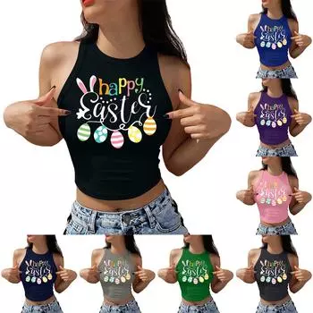 Счастливой Пасхи, топы на бретелях, женский жилет, футболка с милым кроликом и рисунком, повседневные топы с короткими рукавами S чёрный