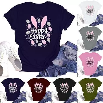 Счастливой Пасхи женская мода принтованный круглый вырез короткий рукав футболка пуловер топ L армия зеленый