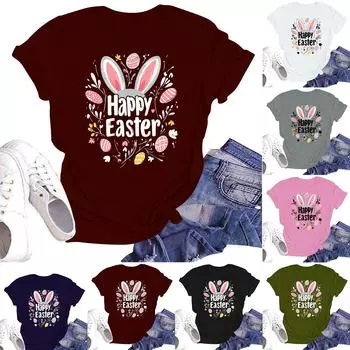 Счастливой Пасхи женская мода принтованный круглый вырез короткий рукав футболка пуловер топ L армия зеленый