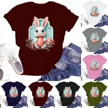 Счастливой Пасхи женская мода принтованный круглый вырез короткий рукав футболка пуловер топ L армия зеленый