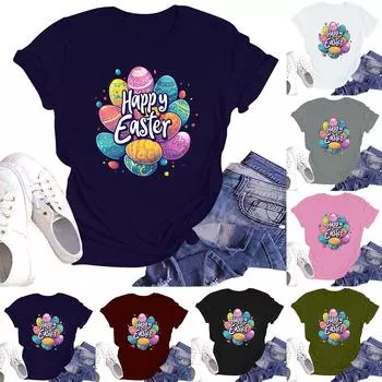 Счастливой Пасхи женская мода принтованный круглый вырез короткий рукав футболка пуловер топ L армия зеленый