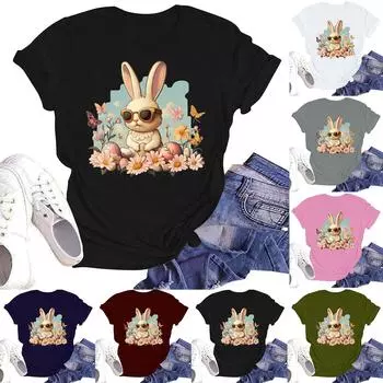 Счастливой Пасхи женская мода принтованный круглый вырез короткий рукав футболка пуловер топ L армия зеленый