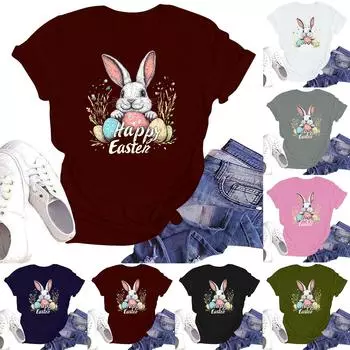 Счастливой Пасхи женская мода принтованный круглый вырез короткий рукав футболка пуловер топ L армия зеленый