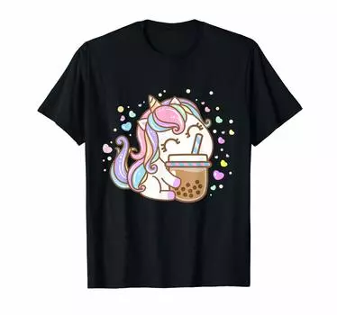 Счастливый Единорог Пегас Боба Молочный Чай Подарок Bubble Tea Kawaii и футболка чёрный