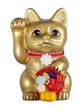 Счастливый кот Waraku Medetai Right Hand Cat Счастливый кот Maneki Cat Украшение фэн-шуй, коробка для пожертвований, золото (M-SIZE Золотой) Поднятый/Керамика_Счастливый (тай_М