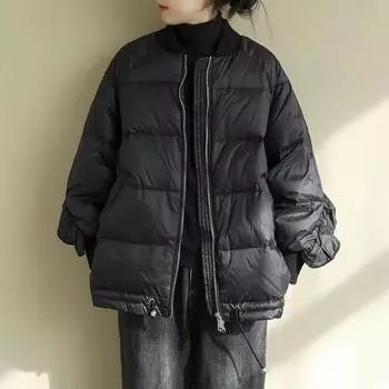 Schinteon Женская белая утиная пуховая куртка свободного размера осень-зима теплая верхняя одежда пальто оборки рукава one size чёрный