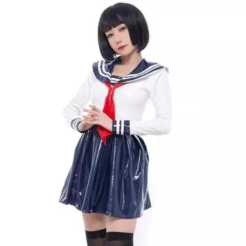 School Long Sailor Two Navy PU Laser [LOST-G] Униформа, Женская униформа, Рукав, Униформа, Косплей, Женская униформа, JK, Милый, Костюм, Белые, Воротник,