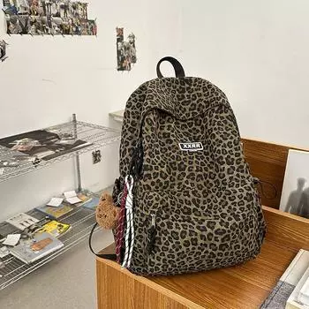 Schoolbag American High Street Fashion Large Capacity Backpack 2025 New Burden Reduction Spine Protection Lightweight Good-looking Mixed People Brown leopard print_single pack