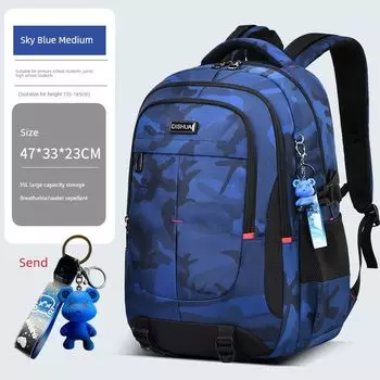 Schoolbag Boys Junior High School Students 2025 Large Capacity Middle School Students Camouflage Waterproof Breathable Backpack Men Medium Sky Blue (Hanging Ornament)