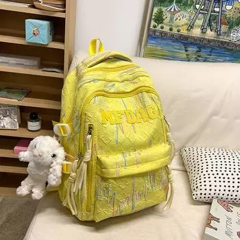 Schoolbag Ins Niche Style Stain-Resistant Idle Style Schoolbag Junior High School Girls Good-looking Mixed Large Capacity Backpack Minimalist Yellow + pendant