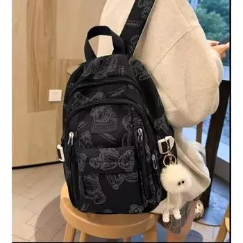 Schoolbag Women Junior High School Student Simple and Versatile Print Bear Design 2025 New College Student Contrast Color Computer Backpack Fashion Black
