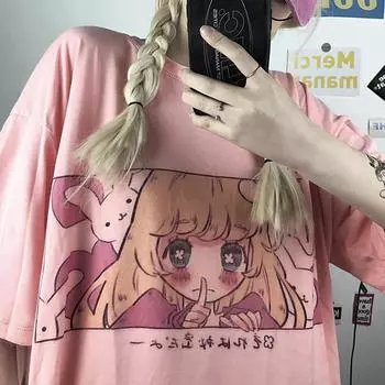Scion милая футболка с рисунком из мультфильма японский Harajuku розовый Kawaii повседневные топы винтажная свободная женская футболка S розовый