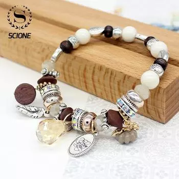 Scione 2020 Мода Богемский Маленький Свежий Хрусталь Деревянные Бусины Ретро Женский Браслет синий