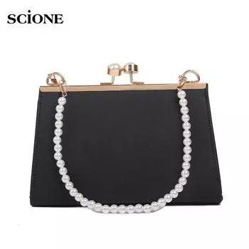 SCIONE 2020, новая кожаная маленькая квадратная сумка в стиле ретро, простая стильная женская сумка с жемчужным зажимом, сумка через плечо, женская сумка 22cm*5cm*14cm чёрный