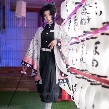 SCIONE Аниме Demon Slayer Shinobu Косплей Костюм Женщины Кимоно Хэллоуин Карнавал Партии Костюм Парик L