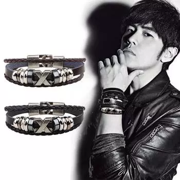 SCIONE Cowhide Браслет X Буква Ретро Браслет Из нержавеющей стали Аксессуары Браслет 19.5cm чёрный