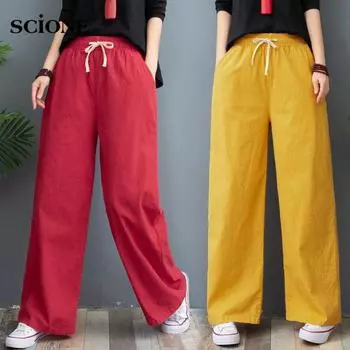 Scione, хлопковые и льняные широкие брюки, женские свободные прямые брюки с высокой талией, повседневные брюки больших размеров 2XL белый
