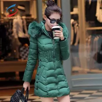 SCIONE Хлопок Женщины Длинная секция Мода Хлопчатобумажный костюм Тонкая куртка Толстый Большой Меховой воротник Женский