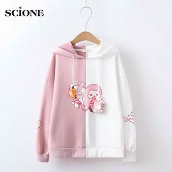 Scione Kawaii Bunny Ear Women Hoodie Cute Rabbit Cat Lovely Sweatshirt Harajuku Мягкий розовый пуловер для девочек One Size чёрный