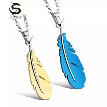 SCIONE Классический титан стали ожерелье перо подвеска Чистая сталь с цепью пара ожерелье золотой