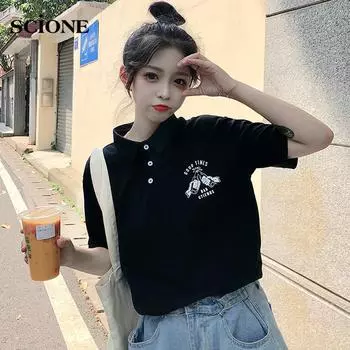 Scione Короткая рукава Футболка Женщины Свободные Япония Стиль Симпатичный Лацкан Поло Рубашка Студент Харадзюку Одежда