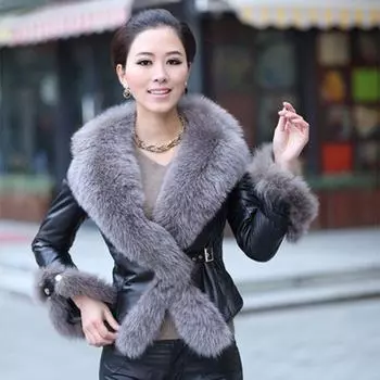 SCIONE Короткое кожаное пальто с плетеным меховым воротником из искусственной кожи и большой поясной курткой с меховым воротником S чёрный