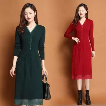 SCIONE Кружева V-образный вырез Свитер Юбка Темперамент Средняя длина Тонкая нижняя юбка Все матч Трикотажное платье Женщины