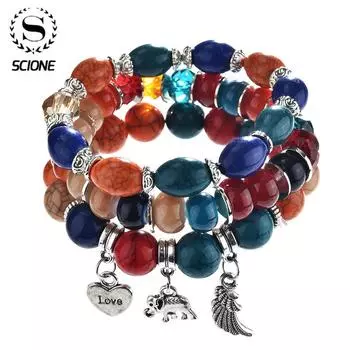 SCIONE Крылья Сердце Слон Кисточка Многослойный браслет Элегантный этнический ветер и лед треснувшие украшения красный