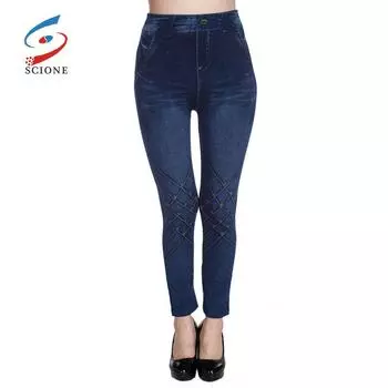 SCIONE Леггинсы Джинсовые леггинсы Растяжка Высокая талия Колено Женские брюки Большой размер Поддельные джинсы