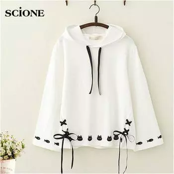 Scione, милые толстовки, уличная одежда, женские японские топы Harajuku Kawaii, рубашки, свободный свитер с принтом кошки M белый