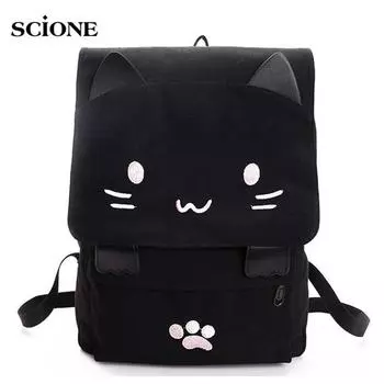 SCIONE милый кот холст рюкзак мультфильм вышивка для девочек-подростков школьный модный рюкзак mochilas сумка чёрный