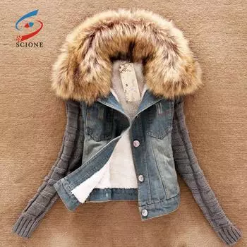 SCIONE осенняя одежда, новые топы, женское хлопковое пальто с большим меховым воротником, шерстяные рукава, джинсовая куртка женская S синий