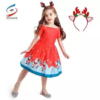 SCIONE Платье Детское платье Рождественское платье для девочек с принтом Модная юбка принцессы 150 синий