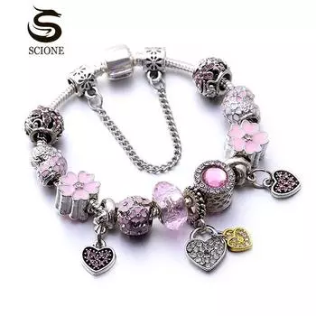 SCIONE Подарки на День Святого Валентина Ювелирные изделия Серебряный браслет Набор Розовый Love Your Heart Цветочный опал Браслет 17cm розовый