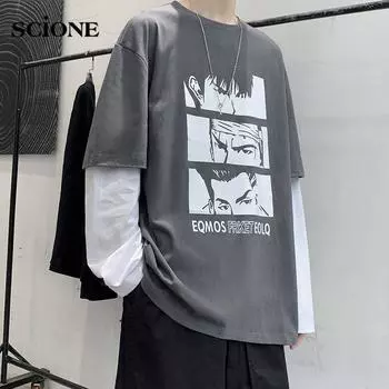 Scione Fake Two Hoodies Loose Long sleeved T Shirts Men s Stitching Round Neck Anime Print Shirt Men s Clothes M белый