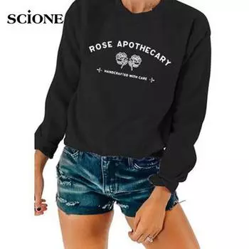 Scione Повседневные женщины Толстовки Письмо Круглый вырез с длинным рукавом Толстовка Свободная мода Базовая куртка Топ S чёрный