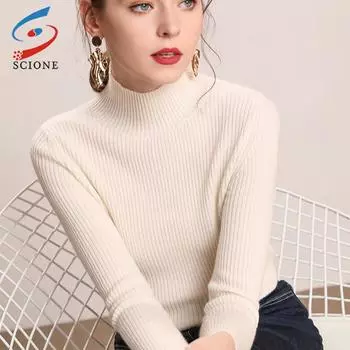 SCIONE Пуловер Женщины Осень Свитер Повседневный Свободный Трикотаж Зима Тонкая водолазка Твердый джемпер Топ One Size синий