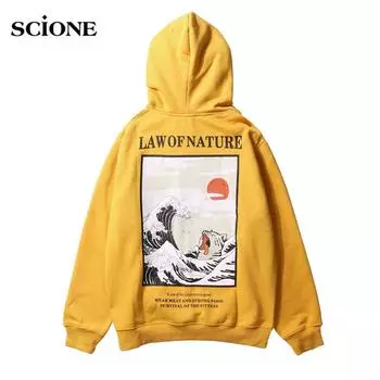 Scione японские забавные флисовые толстовки с принтом кота и волной в японском стиле, повседневные толстовки в стиле хип-хоп, уличная одежда M чёрный