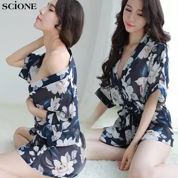 SCIONE Сексуальный шифон Нижнее белье Женский плюс Размер Пижама Дамы Принт Ночная рубашка Халат Набор Average code магнолия