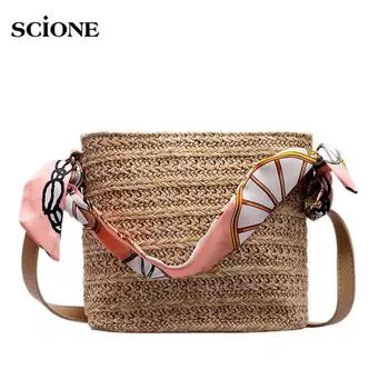 SCIONE Соломенная маленькая сумка женская новая летняя лесная тканая шелковая шарф Фея Сумка-ведро для девочек Пляжная сумка-мессенджер 17cm*9cm*21cm бежевый