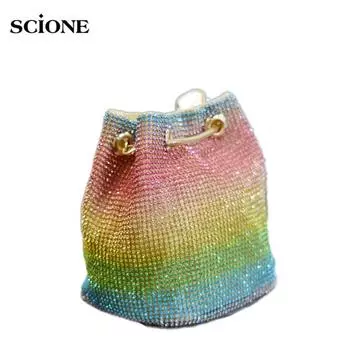 SCIONE Сумка через плечо Женская цепочка Сумка Женская цветная сетка с бриллиантами Сумка-ведро 13cm*11cm*16cm разноцветный