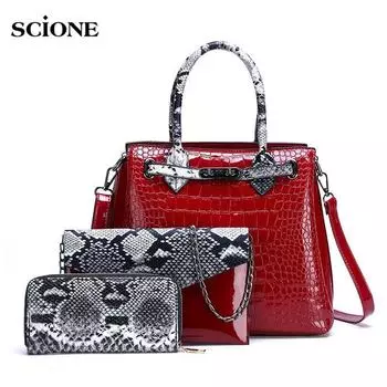 SCIONE Сумки Модный кожаный узор через плечо Портфель большой емкости 3pc чёрный