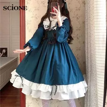 Scione Sweet Lolita Dress Kawaii Girl Готическое винтажное кружевное платье с бантом и высокой талией в викторианском стиле M зелёный