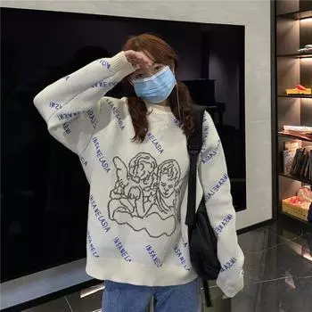 Scione Женщины Поло Рубашка Толстовки Весенняя рубашка Симпатичная круглая шея Пуловер Письмо Сладкая рубашка S