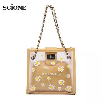 SCIONE женская модная сумка-мессенджер с цепочкой 2020, матовая прозрачная женская сумка с цветочным принтом и поворотным замком, женская сумка 21cm*8cm*20cm белый
