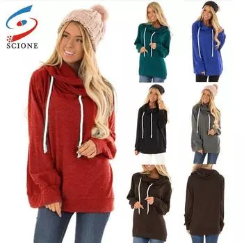 SCIONE Женская осень Новый Повседневный с капюшоном Сплошной цвет Теплый Свободный пуловер Pull Rope Hooded Свитер Топы S чёрный