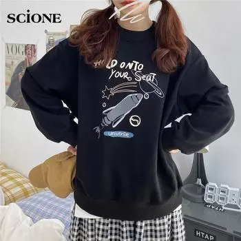 Scione Женская рубашка Толстовки Футболка Печать Письмо Круглый шея Ракета Печать Мультфильм Свитер Одежда One size чёрный
